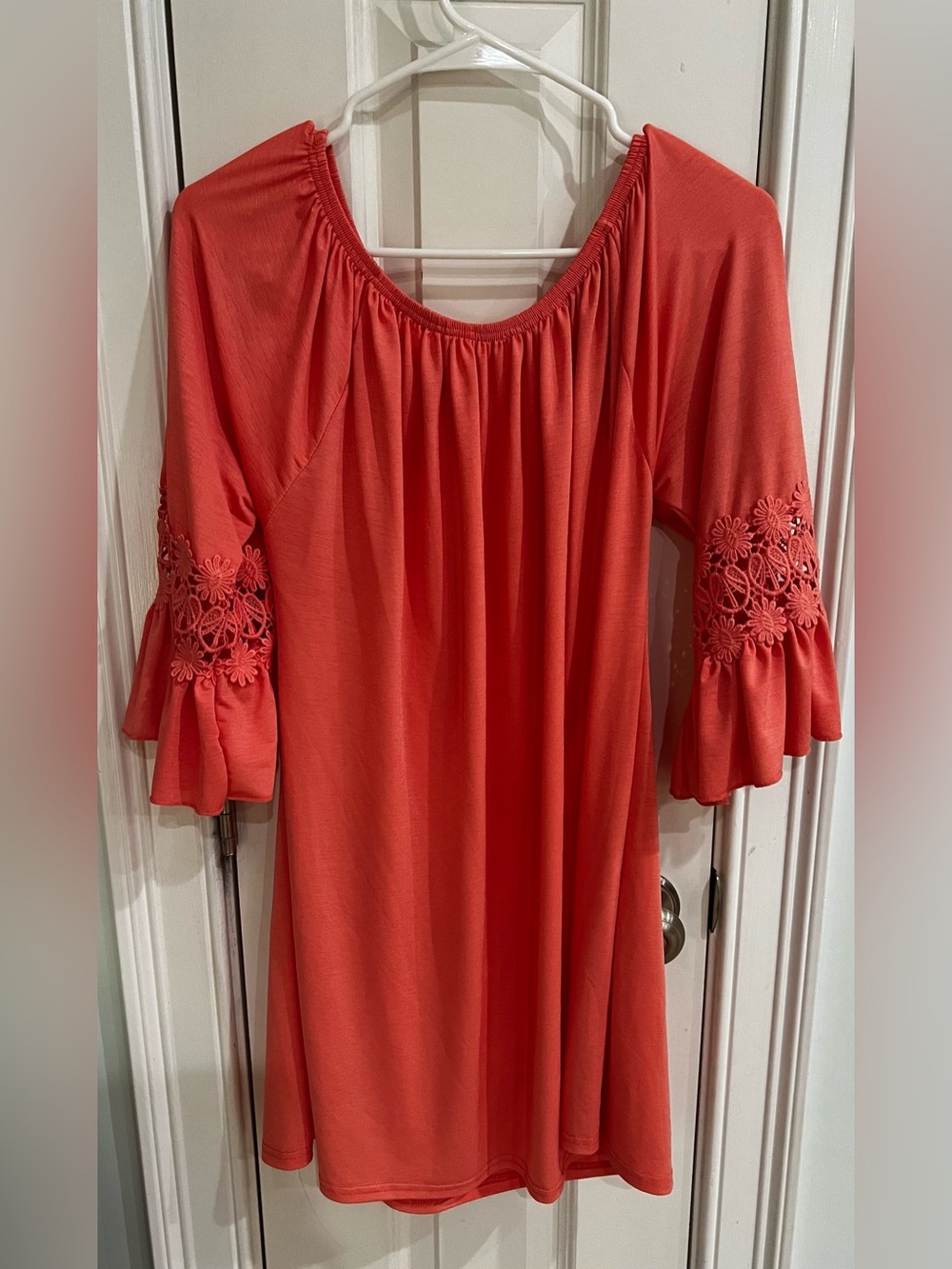 WinWin Coral Orange Ruffle Sleeve Tunic Crochet Lace Boho Mini Dress L XL